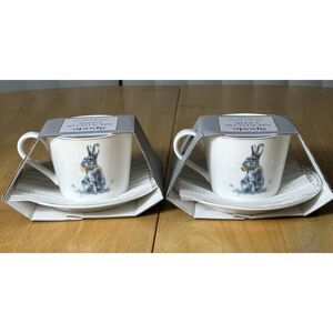 Spode Meadow Lane Pair (2) Teacup & Saucer Rabbit Design with Gold Accents NIB